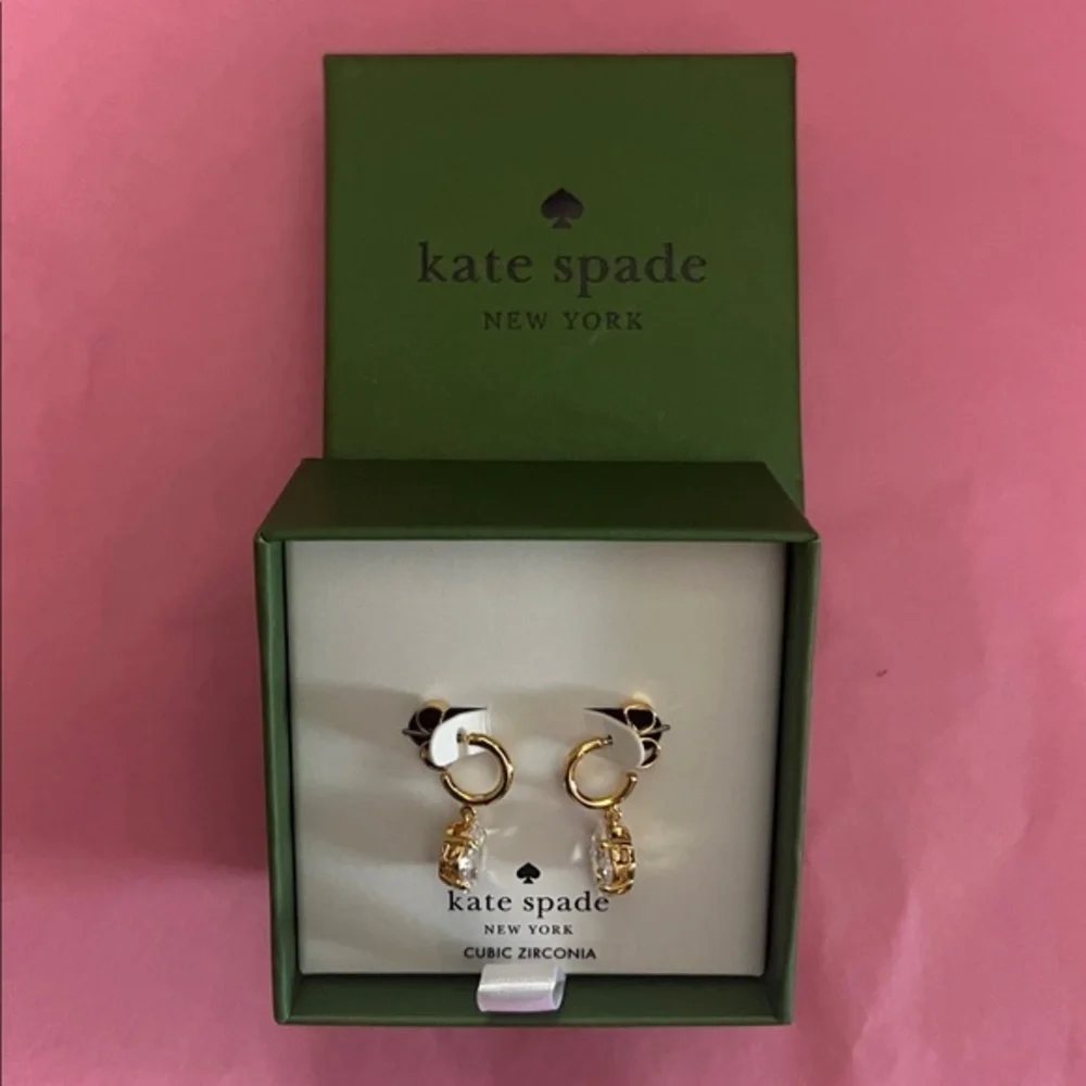 Kate Spade Gold CZ Treasure Trove Hoop Huggie Drop Earrings::NWT::